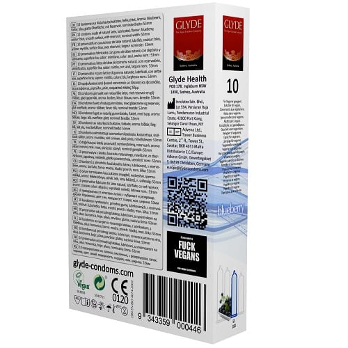 Glyde Ultra Blueberry Flavour Vegan Condoms 10 Pack 4 Glyde Ultra Blueberry Flavour Vegan Condoms 10 Pack - Image 3
