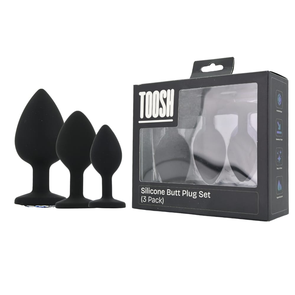 Toosh Silicone Butt Plug Black Set of 3 Clear Stone 15 Toosh Silicone Butt Plug Black Set of 3 Clear Stone - Image 14